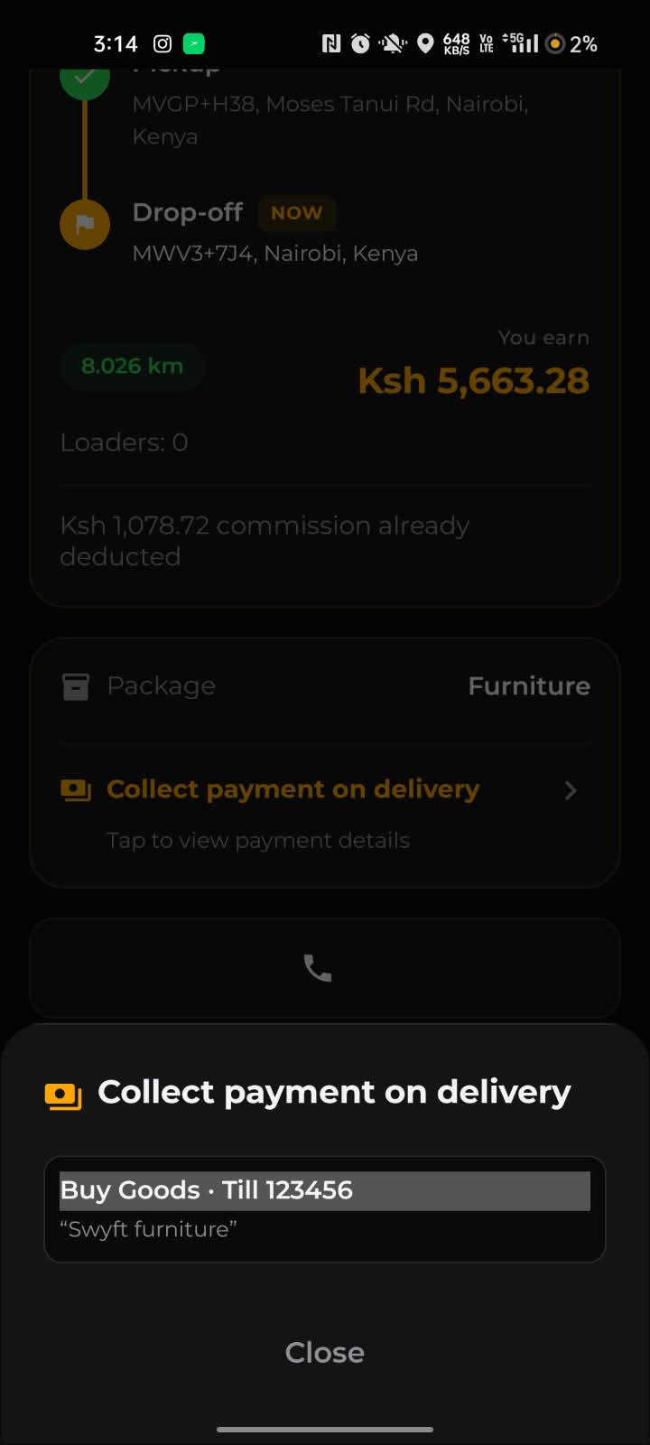 The Swyft app tracking a confirmed driver en route