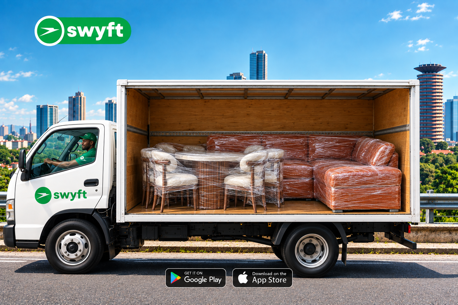 A branded Swyft truck delivering furniture and appliances across Nairobi